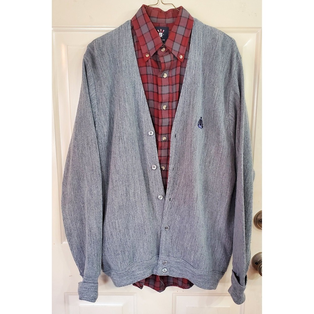 KURT COBAIN VTG 70s‎ IZOD CREST SWEATER SHIRT CARDIGAN L USA GRAY GRUNGE GRANDPA